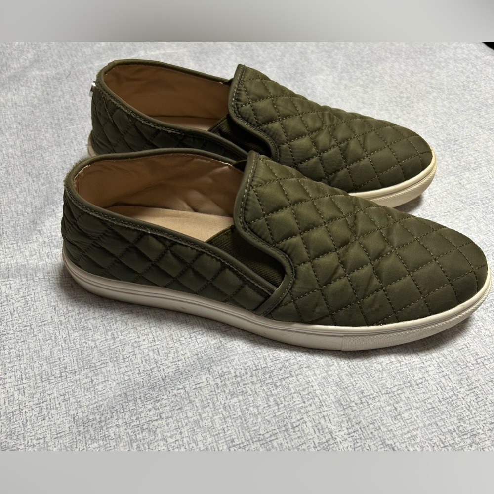 Steve Madden Olive Quilted Slip-On Loafers with White Sole